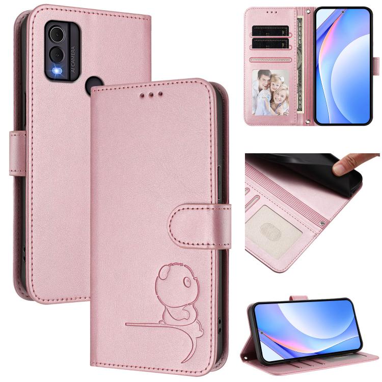 Litter Panda Embossing RFID Leather Phone Case with Lanyard, For Nokia G42 / G310, For Nokia C300, For Nokia C22, For Nokia C12, For Nokia G22, For Nokia C32, For Nokia C02, For Nokia X30