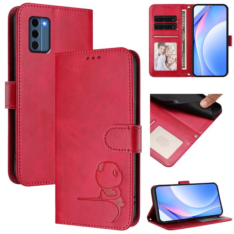 Litter Panda Embossing RFID Leather Phone Case with Lanyard, For Nokia G42 / G310, For Nokia C300, For Nokia C22, For Nokia C12, For Nokia G22, For Nokia C32, For Nokia C02, For Nokia X30