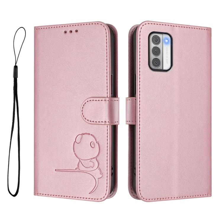 Litter Panda Embossing RFID Leather Phone Case with Lanyard, For Nokia G42 / G310, For Nokia C300, For Nokia C22, For Nokia C12, For Nokia G22, For Nokia C32, For Nokia C02, For Nokia X30