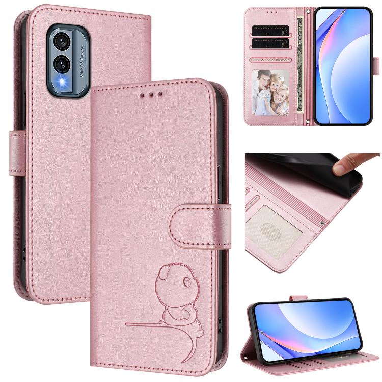 Litter Panda Embossing RFID Leather Phone Case with Lanyard, For Nokia G42 / G310, For Nokia C300, For Nokia C22, For Nokia C12, For Nokia G22, For Nokia C32, For Nokia C02, For Nokia X30