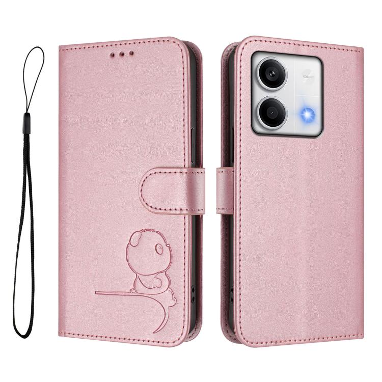 Litter Panda Embossing RFID Leather Phone Case with Lanyard, For Redmi Note 13 5G, For Redmi Note 13 Pro+ 5G, For Redmi 12 4G / 12 5G Global / India, For Redmi Note 12T Pro / Poco X4 GT, For Redmi Note 12 Turbo / Xiaomi Poco F5                         ...