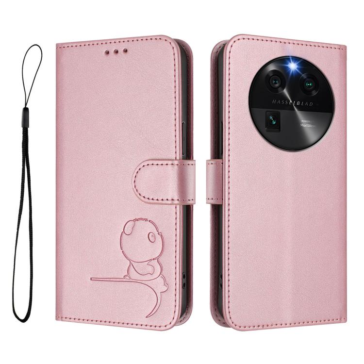 Litter Panda Embossing RFID Leather Phone Case with Lanyard, For OPPO Find X6