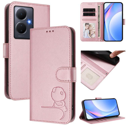Litter Panda Embossing RFID Leather Phone Case with Lanyard, For vivo Y78+ / Y78 / V29 Lite, For vivo Y56 / Y16 / Y02s, For vivo V27 / V27 Pro, For vivo V27e 4G / S16e 5G / T2 4G, For vivo Y27 4G