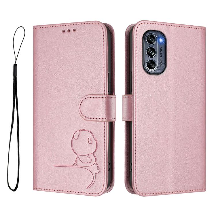 Litter Panda Embossing RFID Leather Phone Case with Lanyard, For Motorola Moto G62 5G / India, For Motorola Moto G42 5G