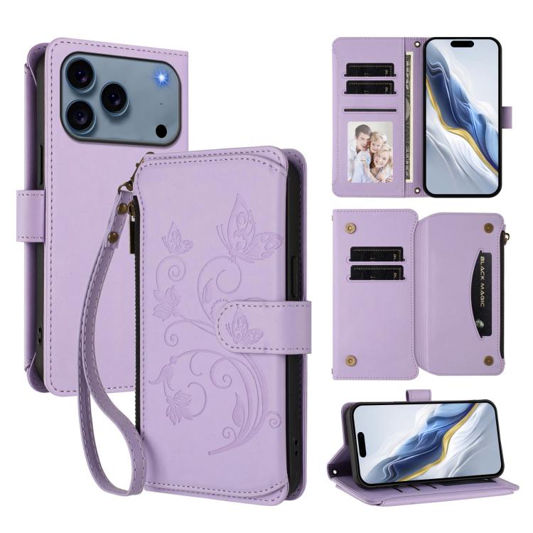 Butterfly Love Flower Multi-card Zipper Wallet Leather Phone Case, For iPhone 18 Pro / 17 Pro, For iPhone 18 Pro Max / 17 Pro Max, For iPhone 17e / 16e, For iPhone 17, For iPhone Air, For iPhone 16 Pro Max