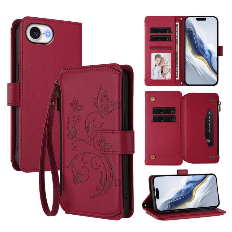 Butterfly Love Flower Multi-card Zipper Wallet Leather Phone Case, For iPhone 18 Pro / 17 Pro, For iPhone 18 Pro Max / 17 Pro Max, For iPhone 17e / 16e, For iPhone 17, For iPhone Air, For iPhone 16 Pro Max