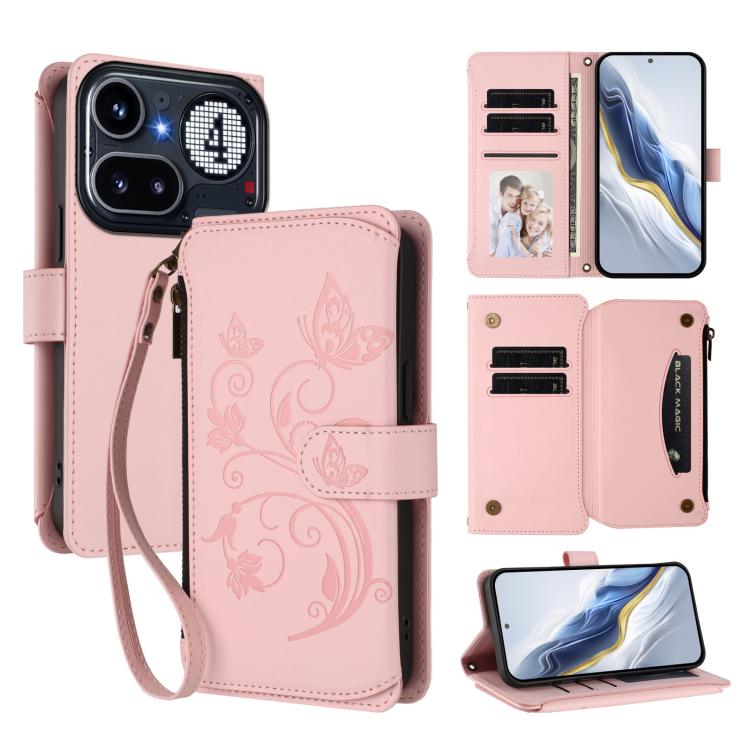 Butterfly Love Flower Multi-card Zipper Wallet Leather Phone Case, For Nothing Phone 4a Pro, For Nothing Phone 4a, For Nothing CMF Phone 2 Pro, For Nothing Phone 3a, For Nothing Phone 3a Pro, For Nothing CMF Phone 1