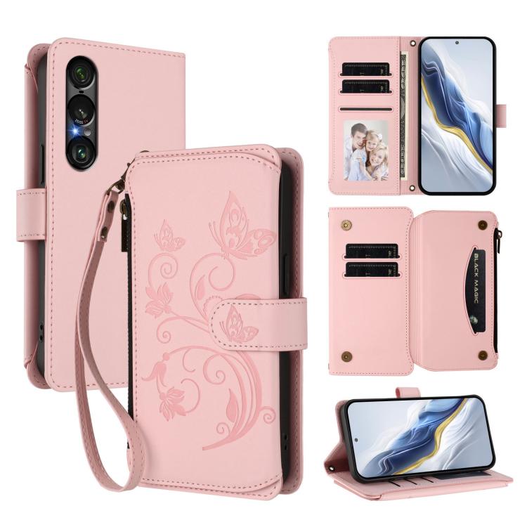 Butterfly Love Flower Multi-card Zipper Wallet Leather Phone Case, For Sony Xperia 1 VIII, For Sony Xperia 10 VII, For Sony Xperia 1 VII, For Sony Xperia 10 VI 2024, For Sony Xperia 1 VI 2024, For Sony Xperia 5 VI