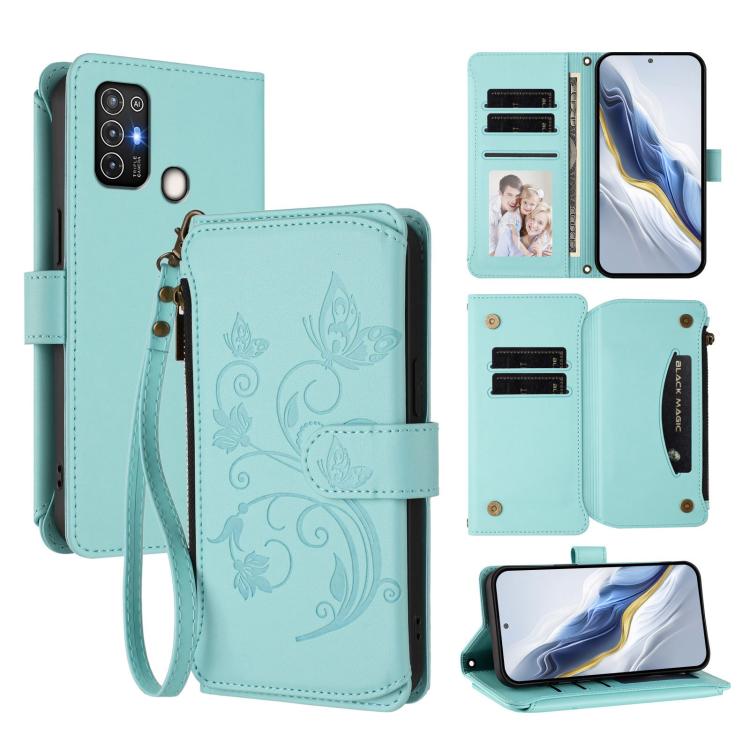 Butterfly Love Flower Multi-card Zipper Wallet Leather Phone Case, For ZTE Blade A52