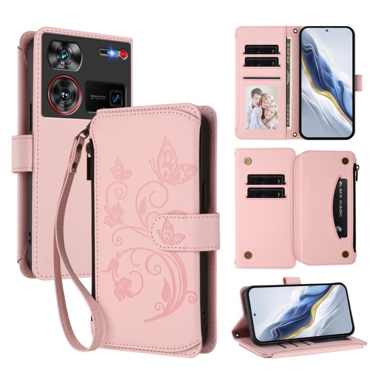 Butterfly Love Flower Multi-card Zipper Wallet Leather Phone Case, For ZTE Blade A75 5G / nubia Focus 5G, For ZTE Blade A75 4G, For ZTE Blade A35 / A55, For ZTE nubia Focus Pro 5G, For ZTE nubia Z60 Ultra, For ZTE Blade A73 5G