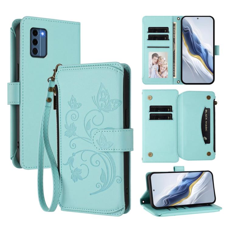 Butterfly Love Flower Multi-card Zipper Wallet Leather Phone Case, For Nokia G42 / G310, For Nokia C300, For Nokia C22, For Nokia C12, For Nokia G22, For Nokia C32