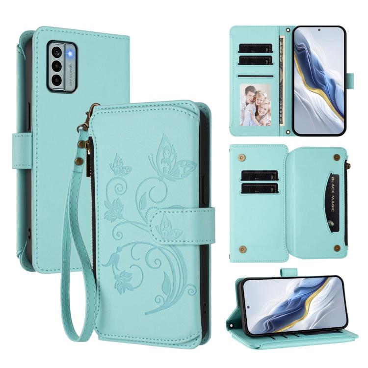 Butterfly Love Flower Multi-card Zipper Wallet Leather Phone Case, For Nokia G42 / G310, For Nokia C300, For Nokia C22, For Nokia C12, For Nokia G22, For Nokia C32