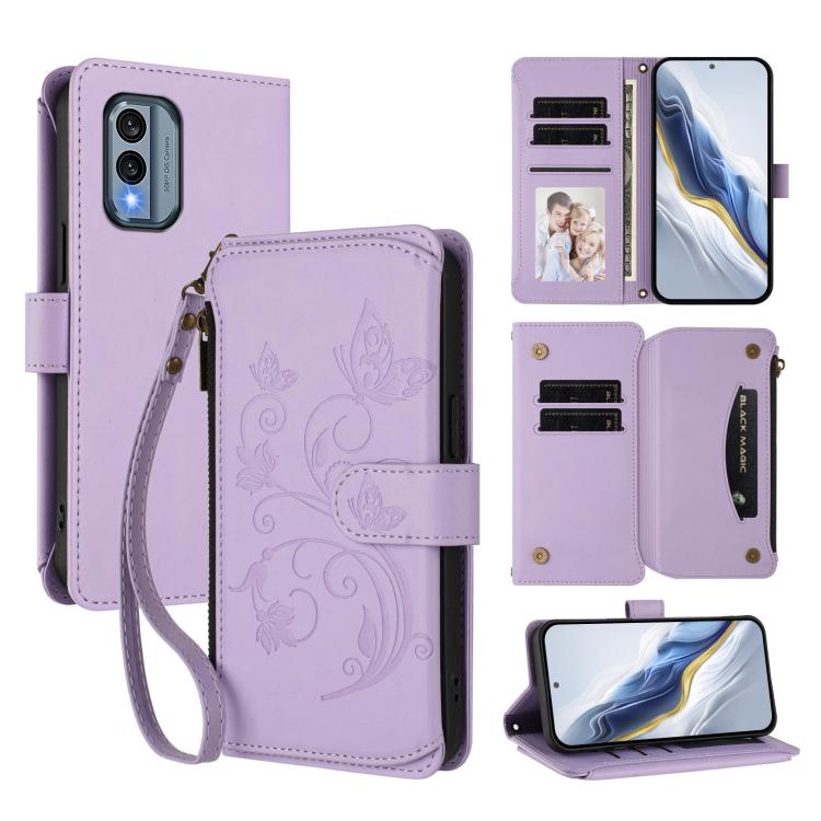 Butterfly Love Flower Multi-card Zipper Wallet Leather Phone Case, For Nokia C02, For Nokia X30 5G, For Nokia G400, For Nokia G11 4G / G21 4G