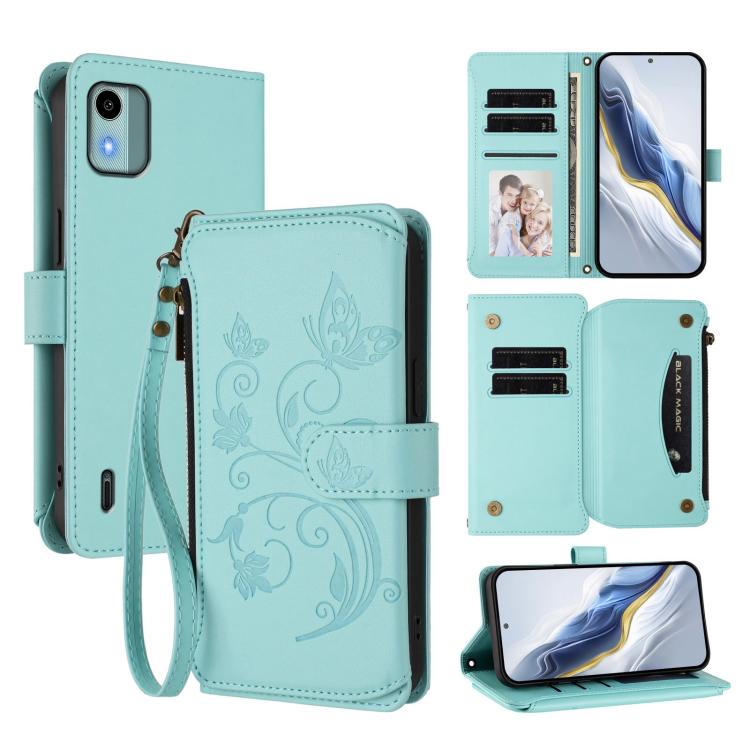 Butterfly Love Flower Multi-card Zipper Wallet Leather Phone Case, For Nokia G42 / G310, For Nokia C300, For Nokia C22, For Nokia C12, For Nokia G22, For Nokia C32