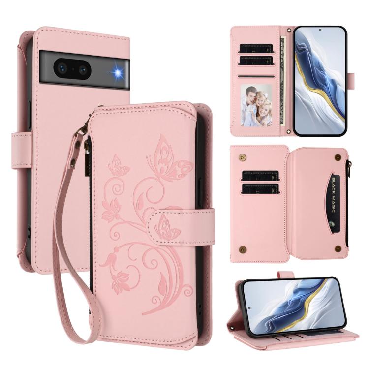 Butterfly Love Flower Multi-card Zipper Wallet Leather Phone Case, For Google Pixel 8 Pro, For Google Pixel 8, For Google Pixel 7a, For Google Pixel 7 Pro 5G, For Google Pixel 7 5G, For Google Pixel 6a