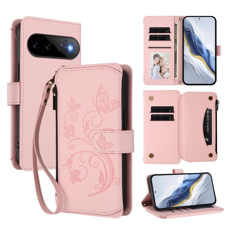 Butterfly Love Flower Multi-card Zipper Wallet Leather Phone Case, For Google Pixel 11 Pro XL, For Google Pixel 11 / 11 Pro, For Google Pixel 10 Pro XL / 9 Pro XL, For Google Pixel 10 / 10 Pro / 9 Pro, For Google Pixel 9a, For Google Pixel 8a