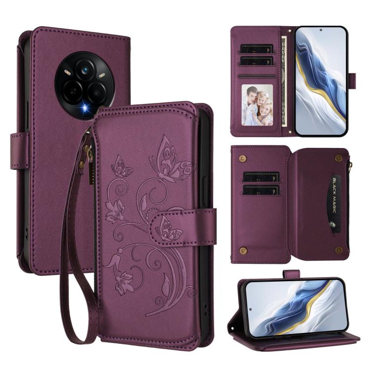 Butterfly Love Flower Multi-card Zipper Wallet Leather Phone Case, For Realme C75 4G Global / 14x 5G India, For Realme 14 Pro+ 5G, For Realme 14 Pro+ 5G Global, For Realme 14 Pro 5G India, For Realme GT 7 Pro 5G / GT7 Pro Racing, For Realme C63 5G Global