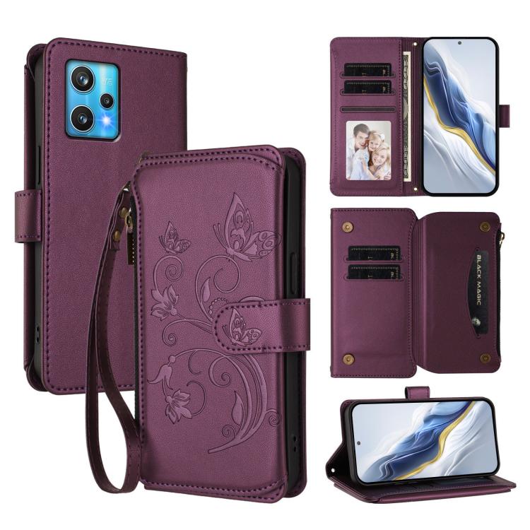 Butterfly Love Flower Multi-card Zipper Wallet Leather Phone Case, For Realme 10 Pro 5G, For Realme 10 Pro+ 5G, For Realme 10 4G Global, For Realme C30 4G / C30s / Narzo 50i, For Realme GT Neo 3T, For Realme 9 Pro+ 5G / Narzo 50 Pro 5G