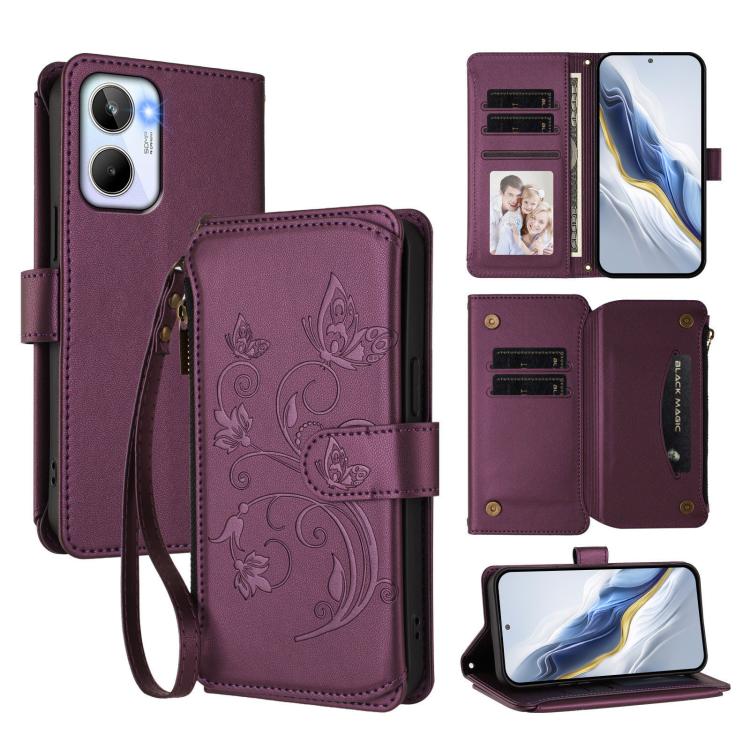 Butterfly Love Flower Multi-card Zipper Wallet Leather Phone Case, For Realme 10 Pro 5G, For Realme 10 Pro+ 5G, For Realme 10 4G Global, For Realme C30 4G / C30s / Narzo 50i, For Realme GT Neo 3T, For Realme 9 Pro+ 5G / Narzo 50 Pro 5G