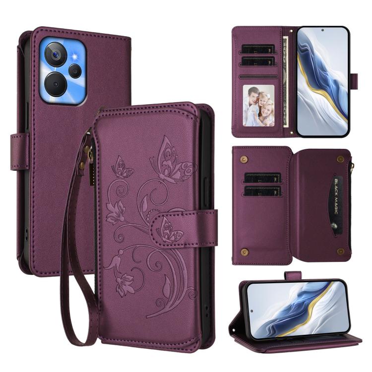 Butterfly Love Flower Multi-card Zipper Wallet Leather Phone Case, For Realme Narzo 60 Pro, For Realme C65 4G Global, For Realme C55 4G Global / Narzo N55, For Realme C33 2023 / 2022, For Realme 10T 5G / 10S 5G, For Realme GT3 5G /  GT Neo 5 240W