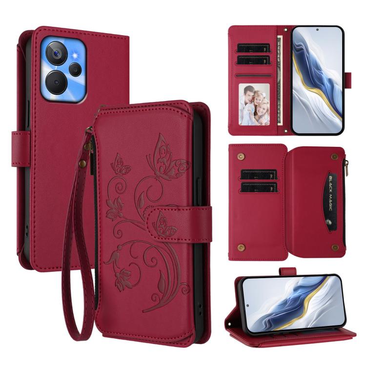Butterfly Love Flower Multi-card Zipper Wallet Leather Phone Case, For Realme Narzo 60 Pro, For Realme C65 4G Global, For Realme C55 4G Global / Narzo N55, For Realme C33 2023 / 2022, For Realme 10T 5G / 10S 5G, For Realme GT3 5G /  GT Neo 5 240W