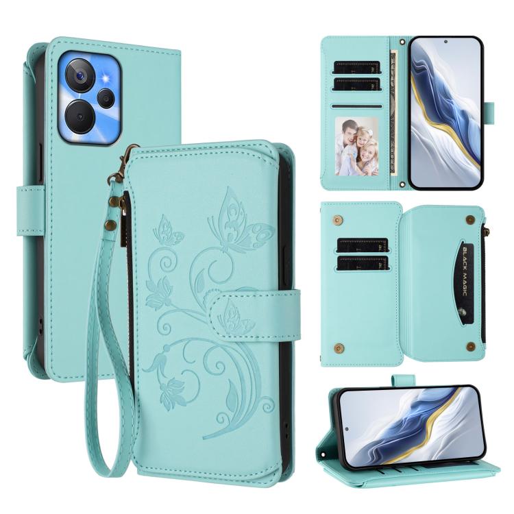 Butterfly Love Flower Multi-card Zipper Wallet Leather Phone Case, For Realme Narzo 60 Pro, For Realme C65 4G Global, For Realme C55 4G Global / Narzo N55, For Realme C33 2023 / 2022, For Realme 10T 5G / 10S 5G, For Realme GT3 5G /  GT Neo 5 240W