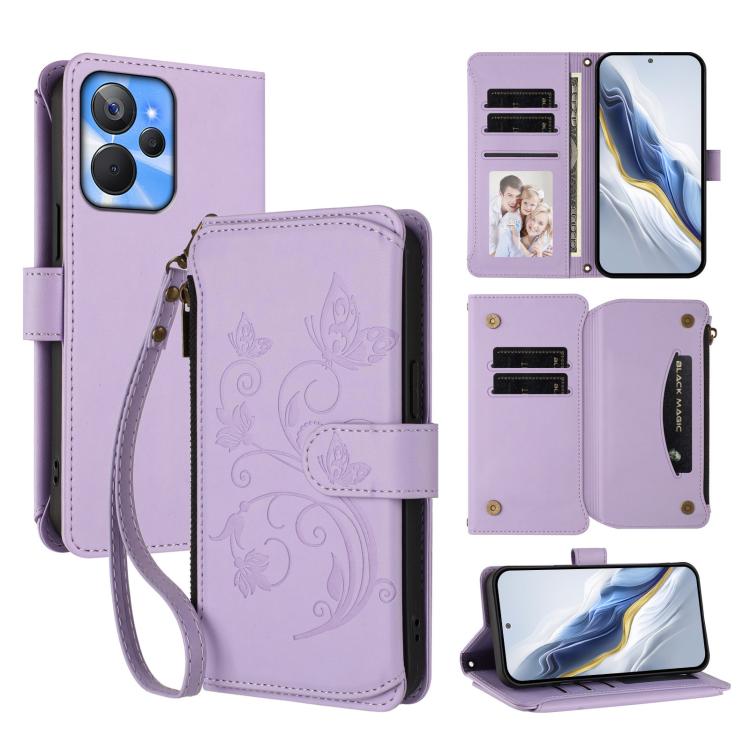 Butterfly Love Flower Multi-card Zipper Wallet Leather Phone Case, For Realme Narzo 60 Pro, For Realme C65 4G Global, For Realme C55 4G Global / Narzo N55, For Realme C33 2023 / 2022, For Realme 10T 5G / 10S 5G, For Realme GT3 5G /  GT Neo 5 240W