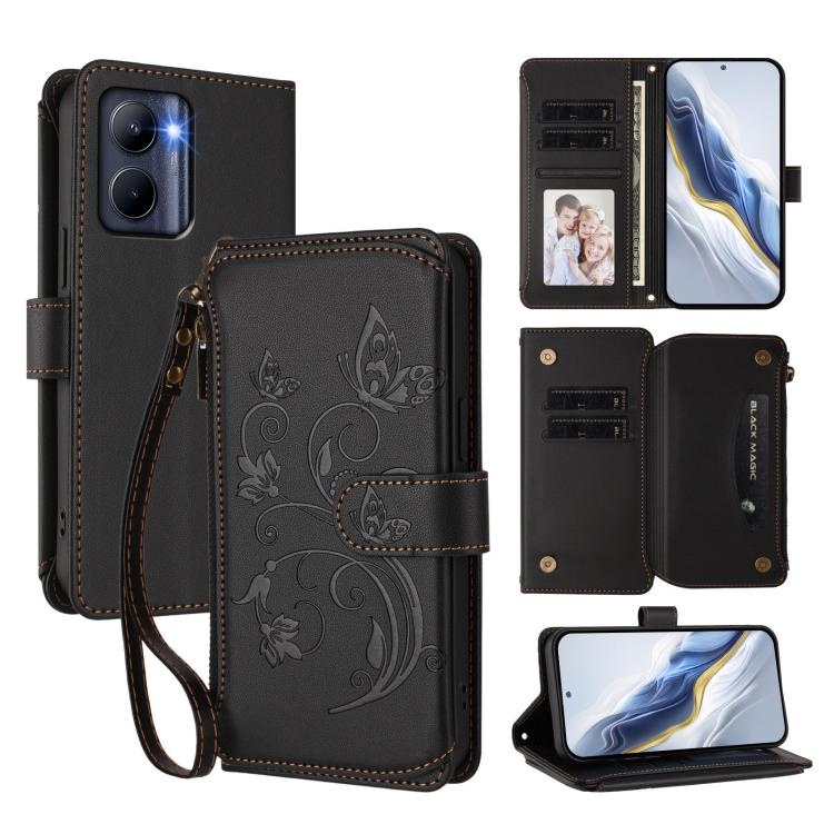 Butterfly Love Flower Multi-card Zipper Wallet Leather Phone Case, For Realme Narzo 60 Pro, For Realme C65 4G Global, For Realme C55 4G Global / Narzo N55, For Realme C33 2023 / 2022, For Realme 10T 5G / 10S 5G, For Realme GT3 5G /  GT Neo 5 240W