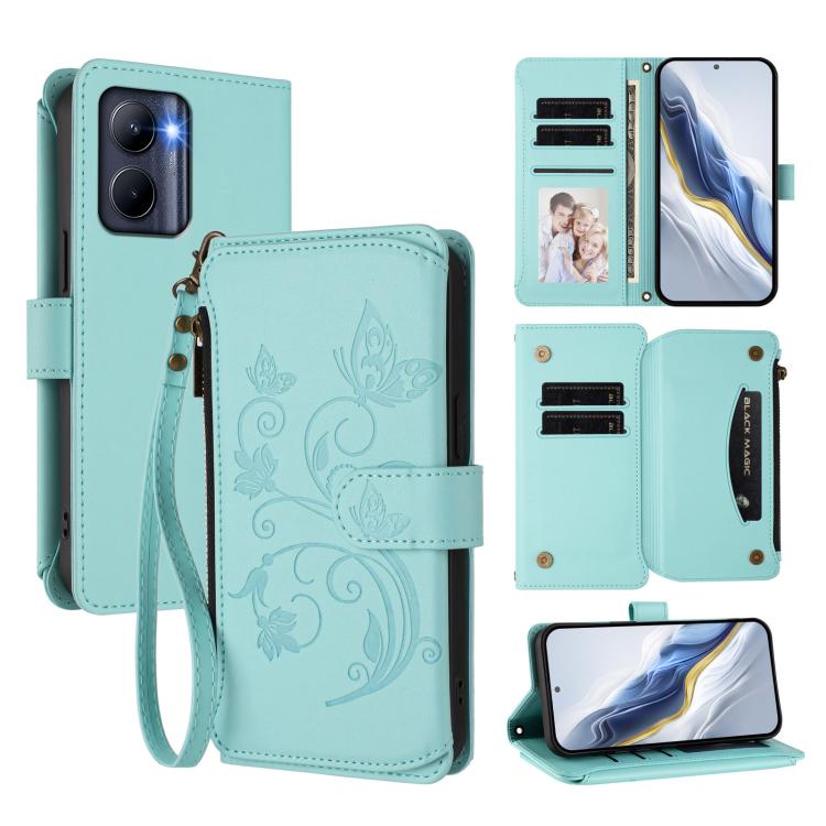 Butterfly Love Flower Multi-card Zipper Wallet Leather Phone Case, For Realme Narzo 60 Pro, For Realme C65 4G Global, For Realme C55 4G Global / Narzo N55, For Realme C33 2023 / 2022, For Realme 10T 5G / 10S 5G, For Realme GT3 5G /  GT Neo 5 240W