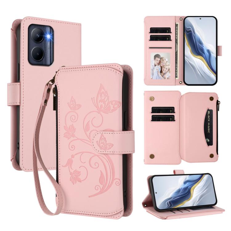 Butterfly Love Flower Multi-card Zipper Wallet Leather Phone Case, For Realme Narzo 60 Pro, For Realme C65 4G Global, For Realme C55 4G Global / Narzo N55, For Realme C33 2023 / 2022, For Realme 10T 5G / 10S 5G, For Realme GT3 5G /  GT Neo 5 240W
