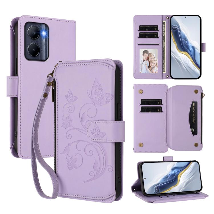 Butterfly Love Flower Multi-card Zipper Wallet Leather Phone Case, For Realme Narzo 60 Pro, For Realme C65 4G Global, For Realme C55 4G Global / Narzo N55, For Realme C33 2023 / 2022, For Realme 10T 5G / 10S 5G, For Realme GT3 5G /  GT Neo 5 240W