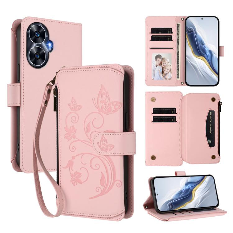 Butterfly Love Flower Multi-card Zipper Wallet Leather Phone Case, For Realme Narzo 60 Pro, For Realme C65 4G Global, For Realme C55 4G Global / Narzo N55, For Realme C33 2023 / 2022, For Realme 10T 5G / 10S 5G, For Realme GT3 5G /  GT Neo 5 240W