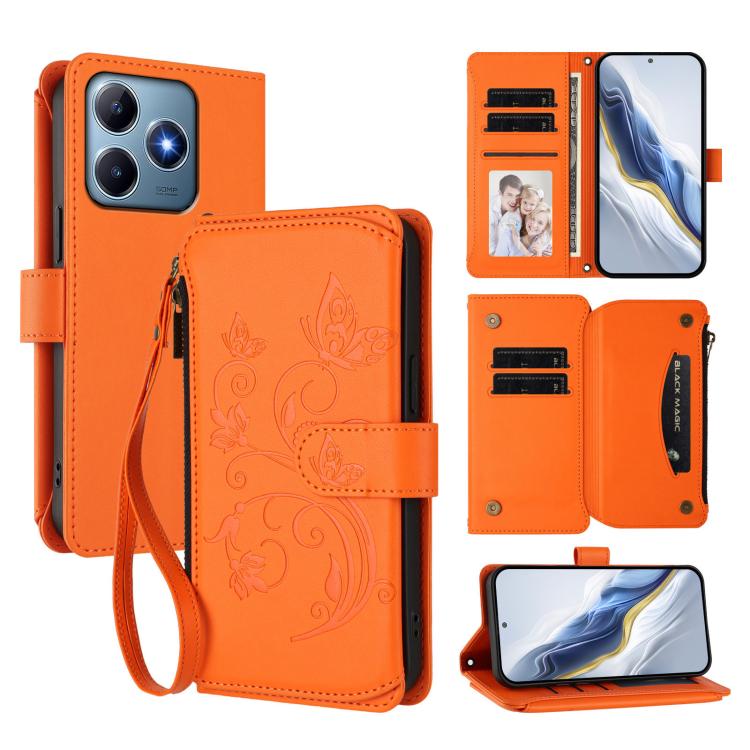 Butterfly Love Flower Multi-card Zipper Wallet Leather Phone Case, For Realme 13 / 12 / 12x / C65 5G Global, For Realme 13 / 12 4G / P1 5G Global, For Realme C63 / C61 / Note 60 4G Global, For Realme 13+ 5G Global, For Realme 13 Pro / 13 Pro+ 5G Global...