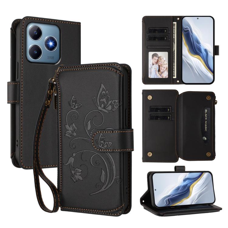 Butterfly Love Flower Multi-card Zipper Wallet Leather Phone Case, For Realme 13 / 12 / 12x / C65 5G Global, For Realme 13 / 12 4G / P1 5G Global, For Realme C63 / C61 / Note 60 4G Global, For Realme 13+ 5G Global, For Realme 13 Pro / 13 Pro+ 5G Global...