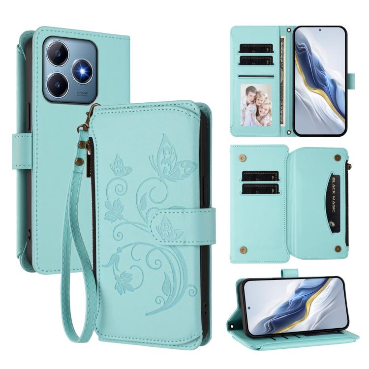 Butterfly Love Flower Multi-card Zipper Wallet Leather Phone Case, For Realme 13 / 12 / 12x / C65 5G Global, For Realme 13 / 12 4G / P1 5G Global, For Realme C63 / C61 / Note 60 4G Global, For Realme 13+ 5G Global, For Realme 13 Pro / 13 Pro+ 5G Global...