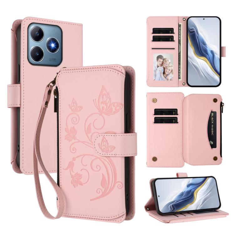 Butterfly Love Flower Multi-card Zipper Wallet Leather Phone Case, For Realme 13 / 12 / 12x / C65 5G Global, For Realme 13 / 12 4G / P1 5G Global, For Realme C63 / C61 / Note 60 4G Global, For Realme 13+ 5G Global, For Realme 13 Pro / 13 Pro+ 5G Global...