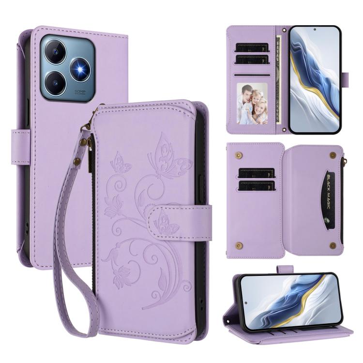 Butterfly Love Flower Multi-card Zipper Wallet Leather Phone Case, For Realme 13 / 12 / 12x / C65 5G Global, For Realme 13 / 12 4G / P1 5G Global, For Realme C63 / C61 / Note 60 4G Global, For Realme 13+ 5G Global, For Realme 13 Pro / 13 Pro+ 5G Global...