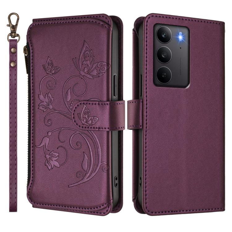 Butterfly Love Flower Multi-card Zipper Wallet Leather Phone Case, For Realme C75 4G Global / 14x 5G India, For Realme 14 Pro+ 5G, For Realme 14 Pro+ 5G Global, For Realme 14 Pro 5G India, For Realme GT 7 Pro 5G / GT7 Pro Racing, For Realme C63 5G Global