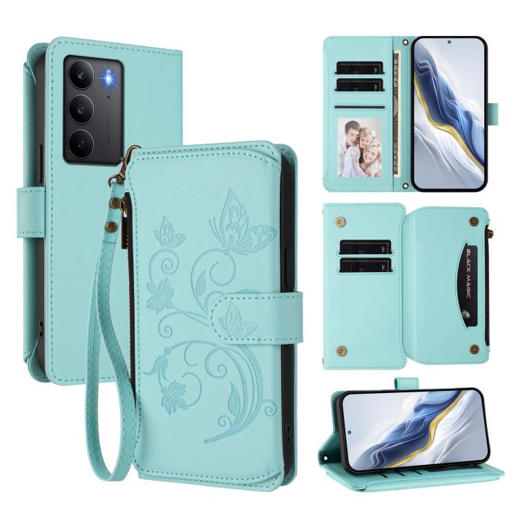 Butterfly Love Flower Multi-card Zipper Wallet Leather Phone Case, For Realme C75 4G Global / 14x 5G India, For Realme 14 Pro+ 5G, For Realme 14 Pro+ 5G Global, For Realme 14 Pro 5G India, For Realme GT 7 Pro 5G / GT7 Pro Racing, For Realme C63 5G Global