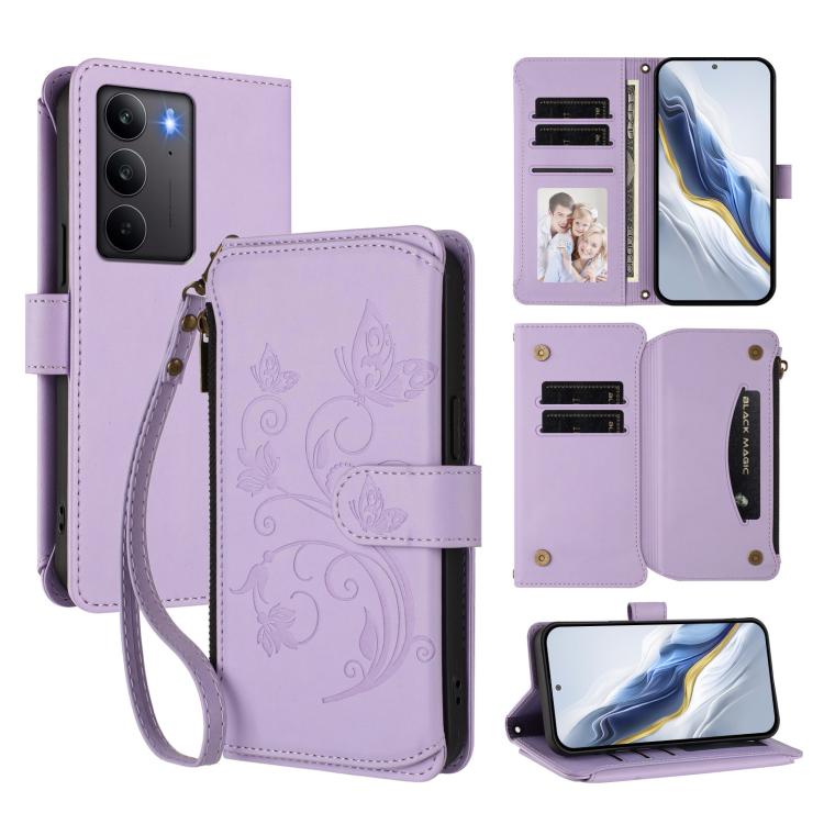 Butterfly Love Flower Multi-card Zipper Wallet Leather Phone Case, For Realme C75 4G Global / 14x 5G India, For Realme 14 Pro+ 5G, For Realme 14 Pro+ 5G Global, For Realme 14 Pro 5G India, For Realme GT 7 Pro 5G / GT7 Pro Racing, For Realme C63 5G Global