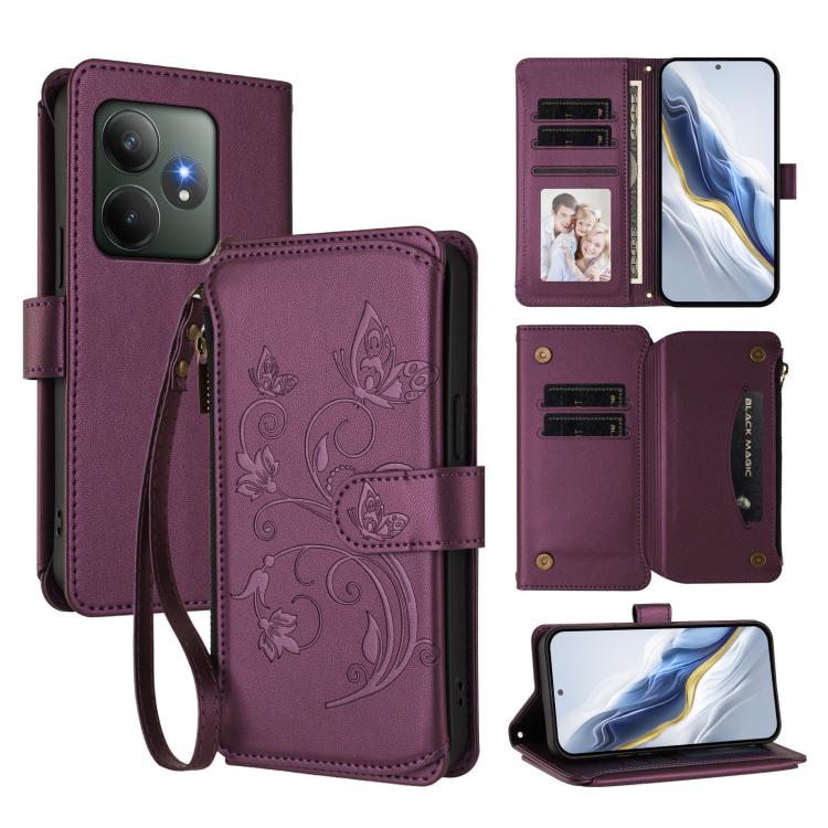 Butterfly Love Flower Multi-card Zipper Wallet Leather Phone Case, For Realme 13 / 12 / 12x / C65 5G Global, For Realme 13 / 12 4G / P1 5G Global, For Realme C63 / C61 / Note 60 4G Global, For Realme 13+ 5G Global, For Realme 13 Pro / 13 Pro+ 5G Global...