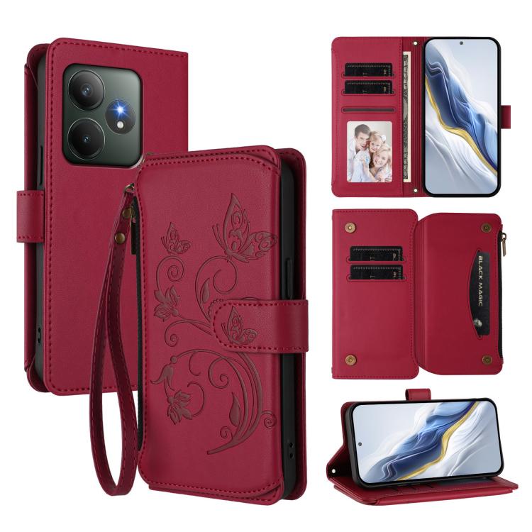 Butterfly Love Flower Multi-card Zipper Wallet Leather Phone Case, For Realme 13 / 12 / 12x / C65 5G Global, For Realme 13 / 12 4G / P1 5G Global, For Realme C63 / C61 / Note 60 4G Global, For Realme 13+ 5G Global, For Realme 13 Pro / 13 Pro+ 5G Global...