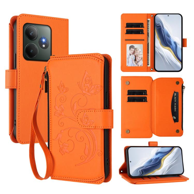 Butterfly Love Flower Multi-card Zipper Wallet Leather Phone Case, For Realme 13 / 12 / 12x / C65 5G Global, For Realme 13 / 12 4G / P1 5G Global, For Realme C63 / C61 / Note 60 4G Global, For Realme 13+ 5G Global, For Realme 13 Pro / 13 Pro+ 5G Global...