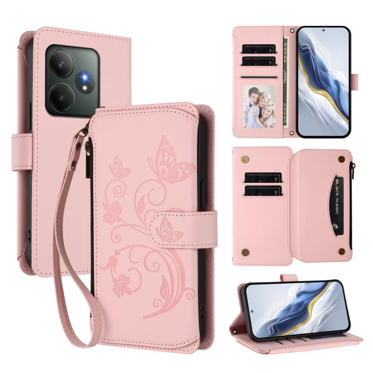 Butterfly Love Flower Multi-card Zipper Wallet Leather Phone Case, For Realme 13 / 12 / 12x / C65 5G Global, For Realme 13 / 12 4G / P1 5G Global, For Realme C63 / C61 / Note 60 4G Global, For Realme 13+ 5G Global, For Realme 13 Pro / 13 Pro+ 5G Global...