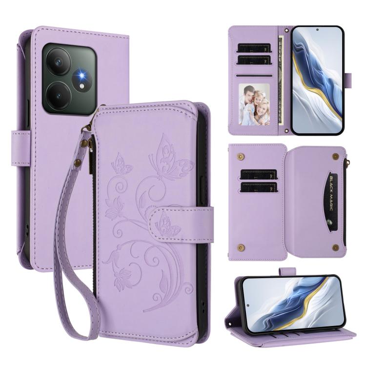 Butterfly Love Flower Multi-card Zipper Wallet Leather Phone Case, For Realme 13 / 12 / 12x / C65 5G Global, For Realme 13 / 12 4G / P1 5G Global, For Realme C63 / C61 / Note 60 4G Global, For Realme 13+ 5G Global, For Realme 13 Pro / 13 Pro+ 5G Global...