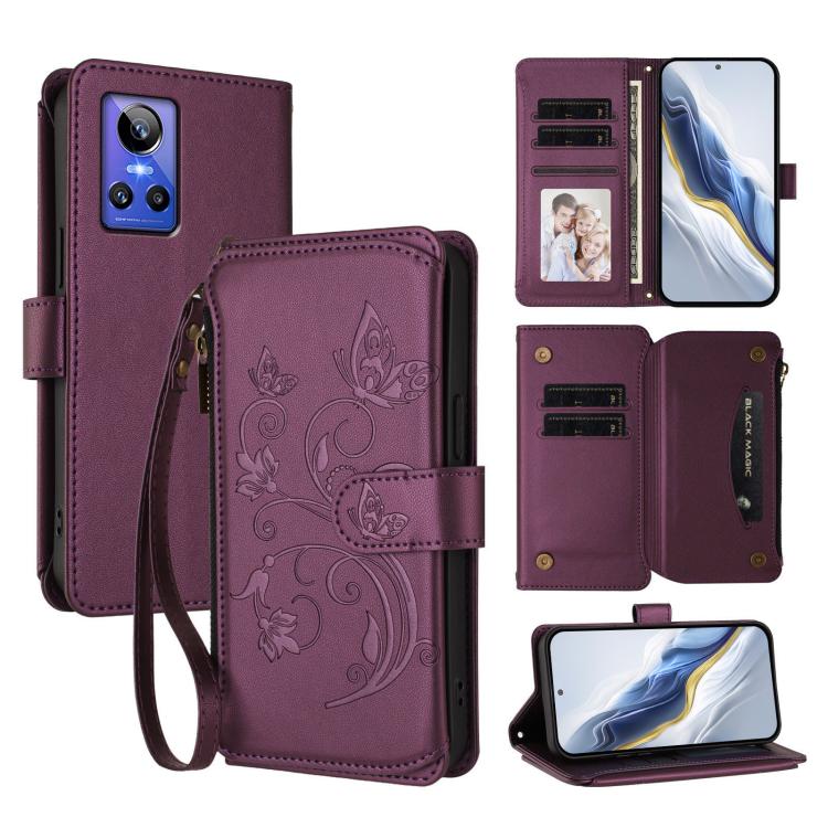 Butterfly Love Flower Multi-card Zipper Wallet Leather Phone Case, For Realme V23 / Narzo 50, For Realme GT Neo 3, For Realme 9 5G India, For Realme 9 Pro 5G Global / 9 5G EU