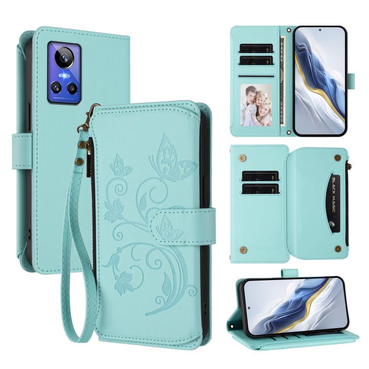 Butterfly Love Flower Multi-card Zipper Wallet Leather Phone Case, For Realme V23 / Narzo 50, For Realme GT Neo 3, For Realme 9 5G India, For Realme 9 Pro 5G Global / 9 5G EU