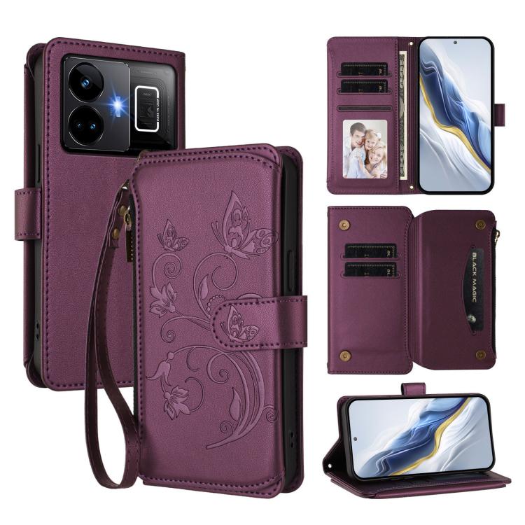 Butterfly Love Flower Multi-card Zipper Wallet Leather Phone Case, For Realme Narzo 60 Pro, For Realme C65 4G Global, For Realme C55 4G Global / Narzo N55, For Realme C33 2023 / 2022, For Realme 10T 5G / 10S 5G, For Realme GT3 5G /  GT Neo 5 240W