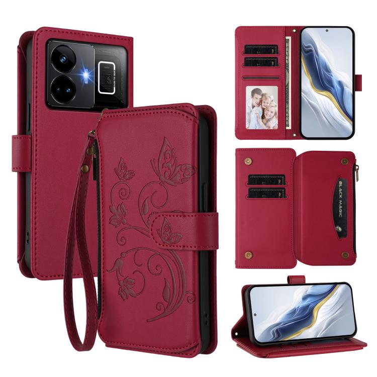 Butterfly Love Flower Multi-card Zipper Wallet Leather Phone Case, For Realme Narzo 60 Pro, For Realme C65 4G Global, For Realme C55 4G Global / Narzo N55, For Realme C33 2023 / 2022, For Realme 10T 5G / 10S 5G, For Realme GT3 5G /  GT Neo 5 240W