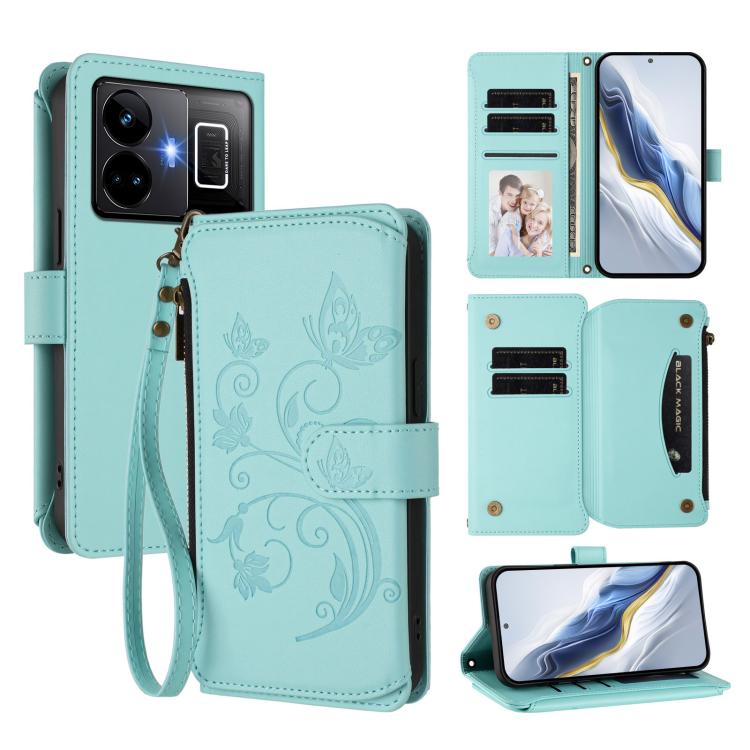 Butterfly Love Flower Multi-card Zipper Wallet Leather Phone Case, For Realme Narzo 60 Pro, For Realme C65 4G Global, For Realme C55 4G Global / Narzo N55, For Realme C33 2023 / 2022, For Realme 10T 5G / 10S 5G, For Realme GT3 5G /  GT Neo 5 240W
